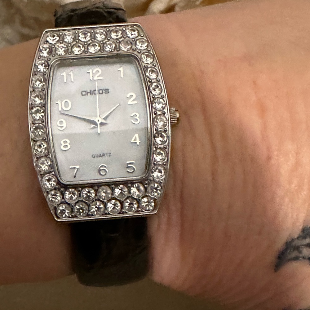 Chico’s quartz rhinestone leather band bangle clamper watch